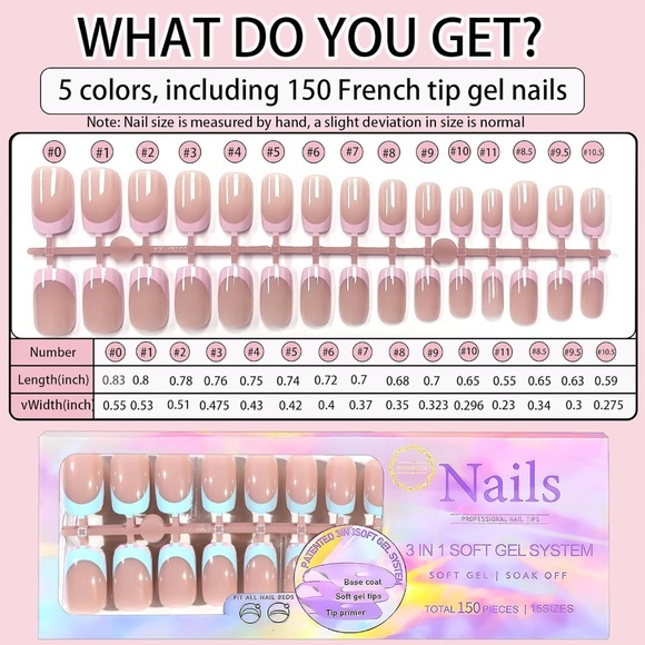 150 Pieces Colorful Pastel French Tip Nails Short Square - Picture 2 of 6
